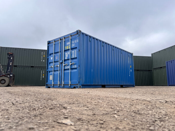Front door and side perspective of a blue 20ft Grade A ex-hire container