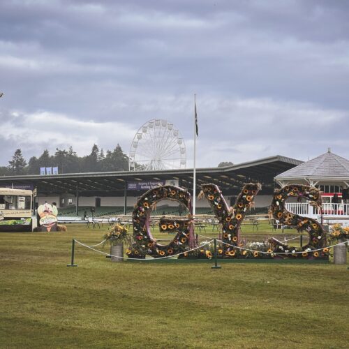 GYS floral sign with the showground and ferris wheel in the background.