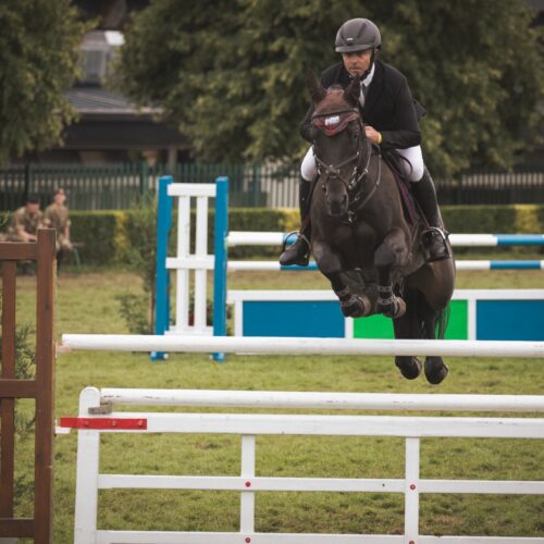 Rider and dark bay horse jumping directly towards the camera during a show round.