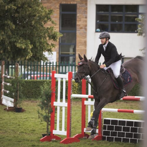 Rider and horse clearing a jump styled like a brick wall at the show.