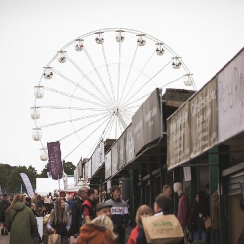 usy trade stand area with shoppers and a ferris wheel in the background